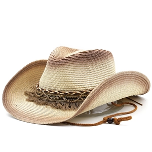 Straw cowboy hat for men featuring a brown gradient finish and decorative tassel band