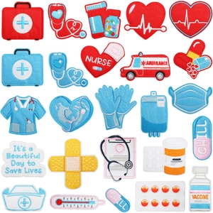 Medical Theme Embroidery Patches Iron On Applique Cartoon Decorative Medical Symbols For Clothes Bags Nurse Ambulance Style