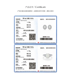 Official identification certificates for S925 silver opal earrings and matching ring
