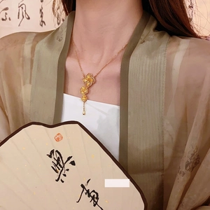 Gold plated flower tassel necklace with hollowed floral pendant for women
