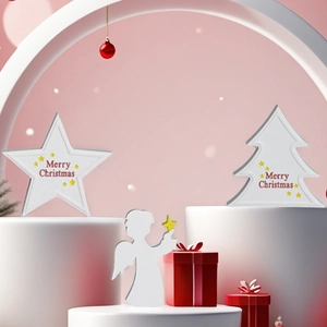 Detail of Christmas tree, star and angel ornaments with Merry Christmas typography