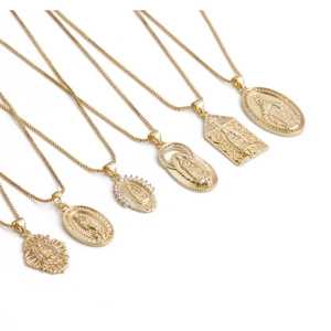 Golden Virgin Mary pendant necklaces with micro-set zircons in various elegant designs