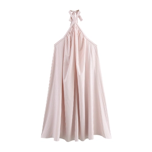 Women Halter Maxi Dress Sleeveless Striped Polyester Resort Summer Vacation Beach Loose A-Line Long Dress