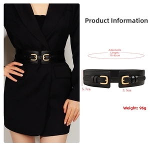 Detail of 5.7cm wide elastic waist belt with double square buckles on a black coat