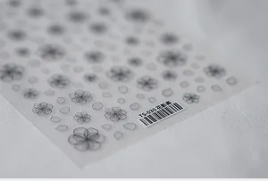 Close-up of TS-030 5D black floral nail art stickers with fine line flower patterns