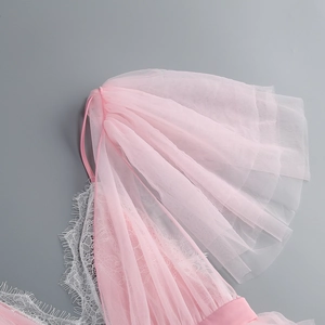 Detail of pink and white mesh tulle with intricate lace embroidery on this evening dress