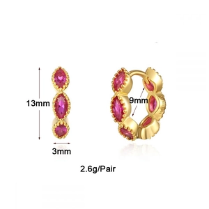 Detailed size chart of gold earrings with red stones showing 13mm height and 9mm inner diameter