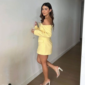 Sexy off-shoulder pale yellow long sleeve blazer dress with slim fit and pockets