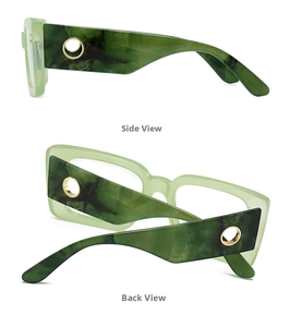 Detail view showing side and back of green marble textured retro oversized sunglasses