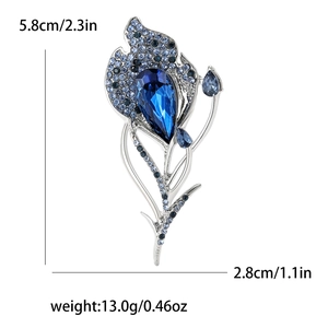 Exquisite silver alloy feather brooch with blue teardrop crystal and rhinestones