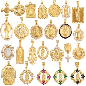 Religious Virgin Mary Guadalupe St Benedict Pendants Gold Plated Copper Zircon Charms For Jewelry Making DIY Accessories