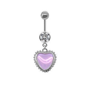 Silver heart belly button ring with pink pearlescent inlay and clear gemstone