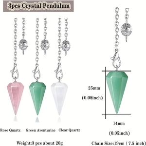 Natural crystal pendulum necklaces in rose quartz, green aventurine, and clear quartz