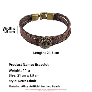 Detailed view of woven leather bracelet with bronze alloy clasp and bead embellishments