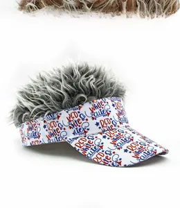 Detail of creative visor hat featuring grey wig top and Red White & Cute lettering