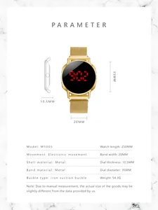 Detailed size chart for LED touch screen watch showing 35mm dial and 10.5mm thickness