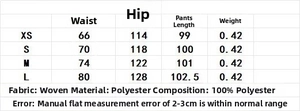 Size chart for women's high-waisted wide-leg trousers showing waist and hip measurements