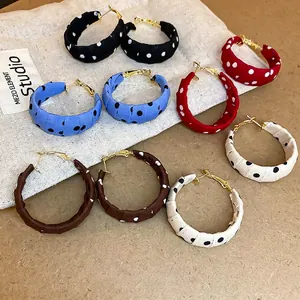 Polka Dot Fabric Wrapped Hoop Earrings With 925 Sterling Silver Earring Post Retro French Style Large C Shape Fashion