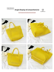 Four different view angles of the large capacity yellow mesh tote bag with inner pocket