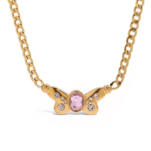 Butterfly Pendant Necklace 18K Gold Plated Stainless Steel Layered Snake Cuban Chain Pink Zircon Rhinestone Waterproof