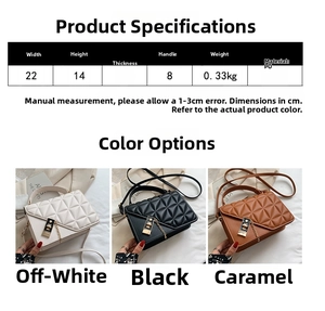 Dimensions du sac bandoulière matelassé et options de couleurs en crème, noir et caramel