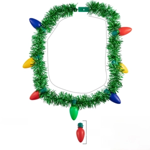 Christmas LED necklace with green tinsel and large colorful bulbs including size specs