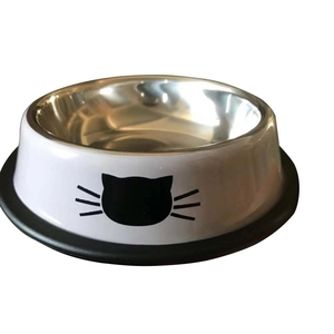 Non-slip stainless steel pet bowl with white matte finish and cute black cat face print