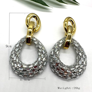 Sparkling oversized teardrop earrings with full rectangle crystals, size 9cm x 4.5cm
