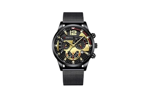 Close-up of Geneva men's watch featuring a black mesh strap and gold-tone calendar dial