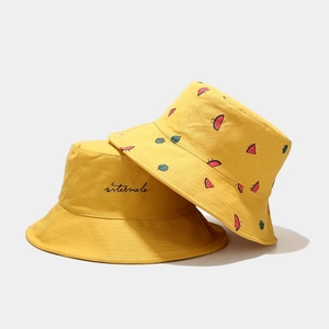 Reversible yellow cotton bucket hat with watermelon print and cute embroidery