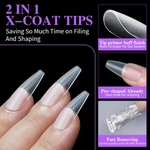 Detailed view of long coffin nail tips with pre-buffed finish and quick removal steps