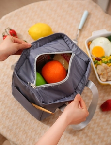 Close-up of insulated lunch bag with thermal lining and side pocket for utensils