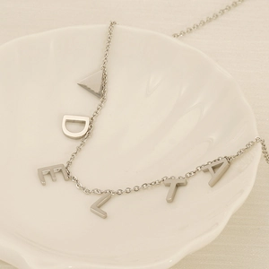 Polished silver titanium steel necklace with DELTA letter charms in a shell tray