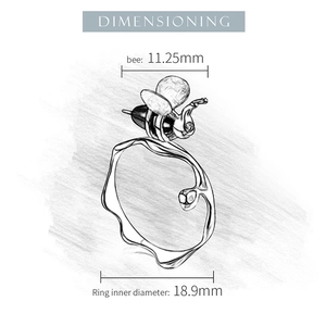 Technical drawing showing the 11.25mm bee motif and 18.9mm inner diameter of the silver ring