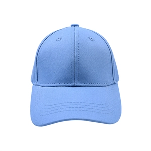 Detail of light blue cotton baseball cap featuring classic six-panel design and fine stitching