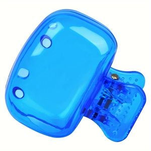 Detail of a bright blue semi-transparent square hair claw clip with glossy finish