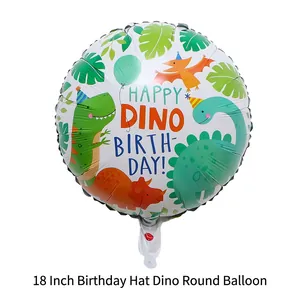 18-inch round foil balloon with cute cartoon dinosaurs and Happy Dino Birthday text