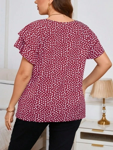 Women's burgundy dot print blouse with ruffle sleeves and slim fit round neck style