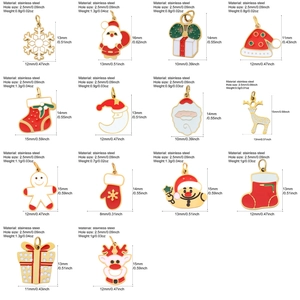 Detailed size chart for assorted stainless steel Christmas pendants with weight and dimensions