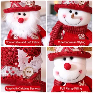 Christmas sitting Santa and Snowman plush dolls with red sequins for festive table decor