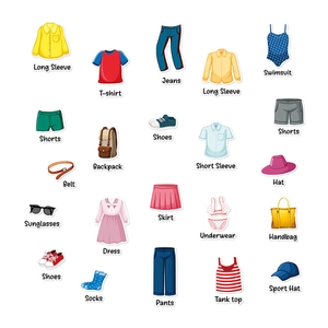Vector clothing icons for wardrobe sorting and nursery clothes classification stickers