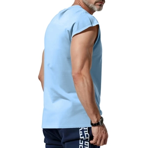 Close-up side view of light blue men's sleeveless cotton T-shirt with athletic fit