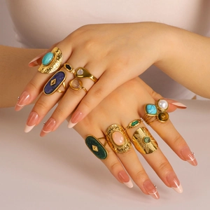 Vintage Natural Stone Ring Stainless Steel Adjustable Open Band Turquoise Tiger Eye Artificial Pearl Jewelry For Women