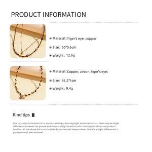 Detailed product specifications for tiger's eye stone and zircon beaded necklaces