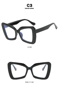 Front and side details of black oversized polygon frames with anti-blue light lenses