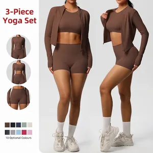 Set da Yoga Donna Top And Bottom Effetto Nudo Spazzolato Nylon Elastan Giacca Manica Lunga Reggiseno Sportivo Pantaloncini