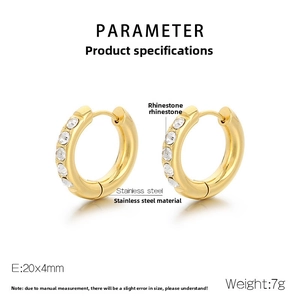 Detailed parameter view of 20x4mm gold stainless steel U-shape hoop earrings with rhinestones