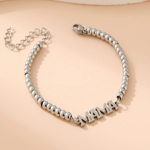 Minimalist silver beaded MAMA bracelet with adjustable lobster clasp and polished finish