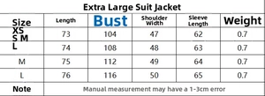 Size chart showing XS to L dimensions for oversized blazer with length and chest details