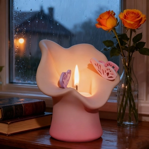 Detail van roze kandelaar in lelievorm met vlinder en brandende kaars